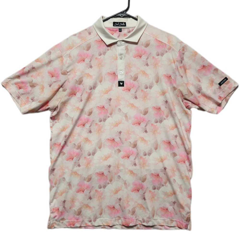 Bad Birdie Performance The Bungalow Mens Large Floral Golf Polo Shirt Pink Cream